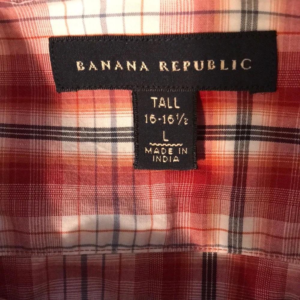 Banana Republic Red White Black Plaid Western Inspired Shirt Size L Tall 16”